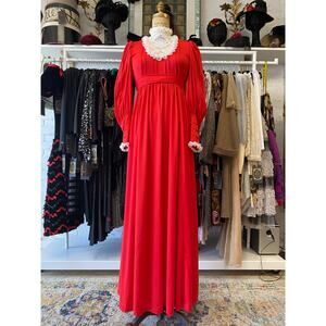 vintage 1970s red victorian style maxi dress lace bib balloon sleeves small